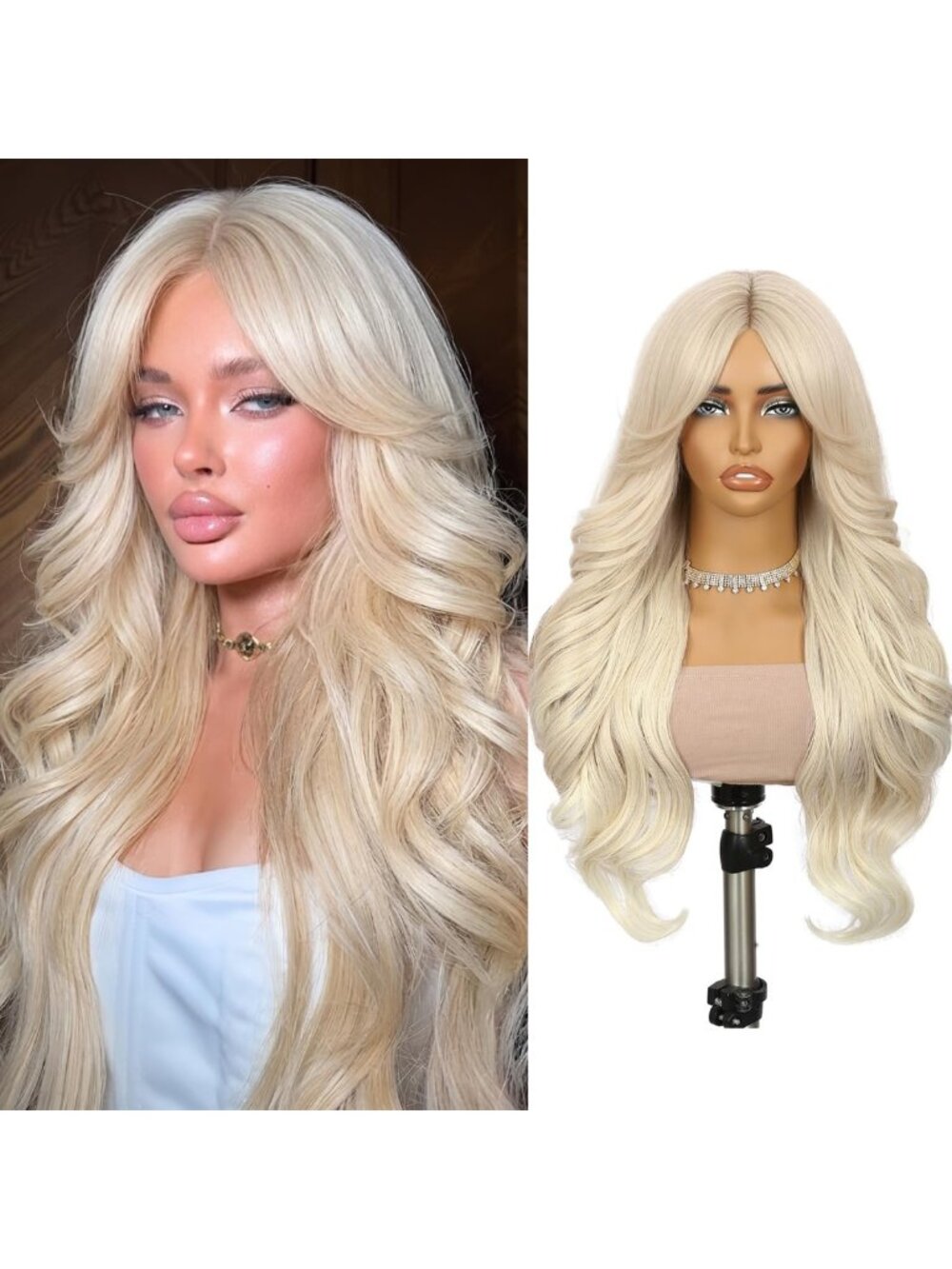 Long Ombre Platinum Blonde Curly Wig with Bangs - 26" Wavy Synthetic Hair for